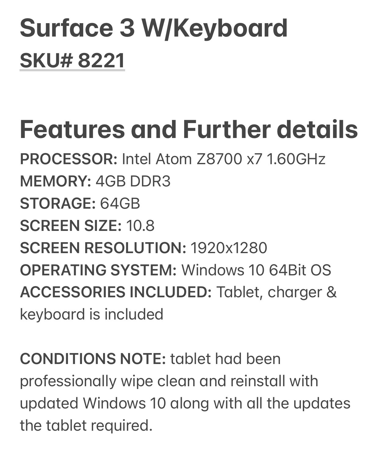 Microsoft Surface 3 - Intel Atom X7 1.60GHz 4GB 64GB SSD Windows 10